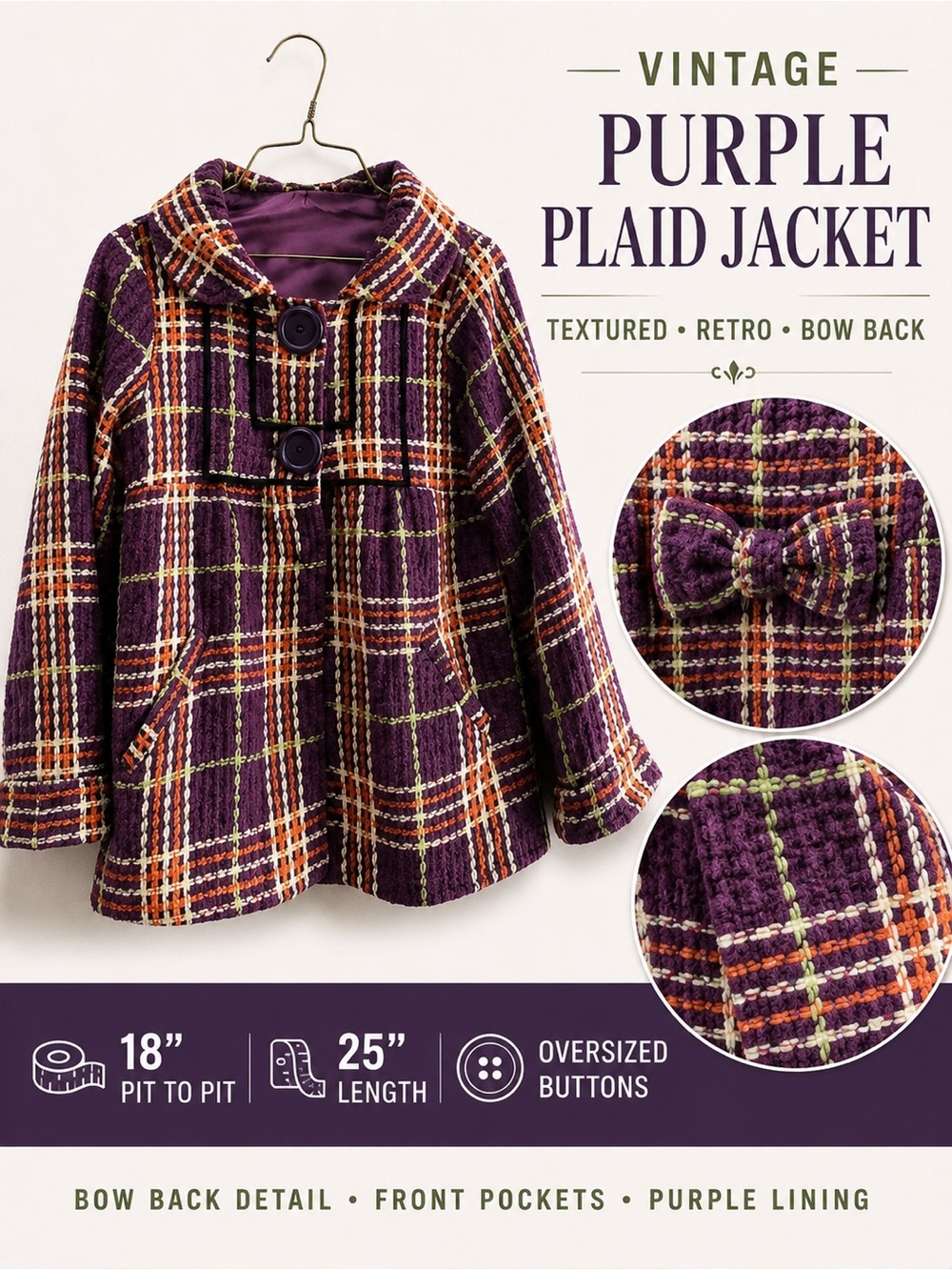 Vintage Purple Plaid Tweed Jacket Bow Back Retro Mod Coat Small